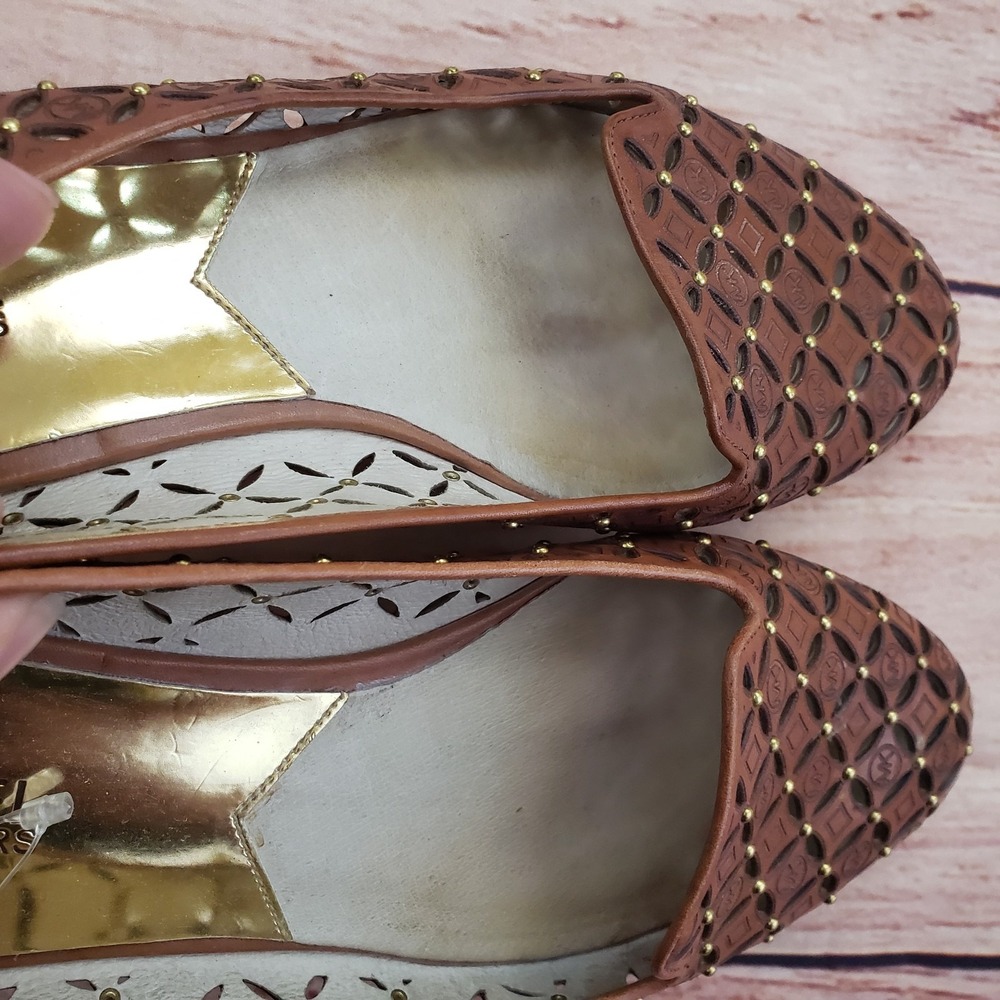 Michael Kors Shoes Womens Size 9M Brown Laser Cut Studded Flats Leather MK Logo - Picture 4 of 9